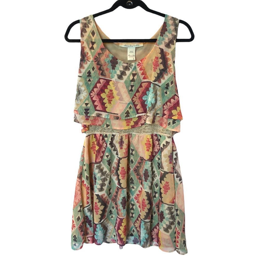 American Rag Dress scoop neck tank Large multi color lined lace at waist boho